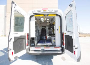 demers ford transit ambulance with blue and white exterior