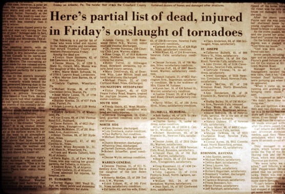 Photo of newspaper article listing the dead and wounded.