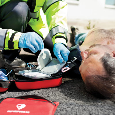 Fire Truck with accessories including automated external defibrillator.